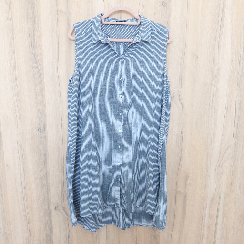 Zara Womens Sleeveless Button Up Shirt Tunic‎ Size XL Blue White Stripe Coastal
